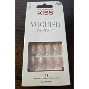KISS Voguish Fantasy Press On Nails Short Oval Floral Nude Pink FV156X 28ct Glue